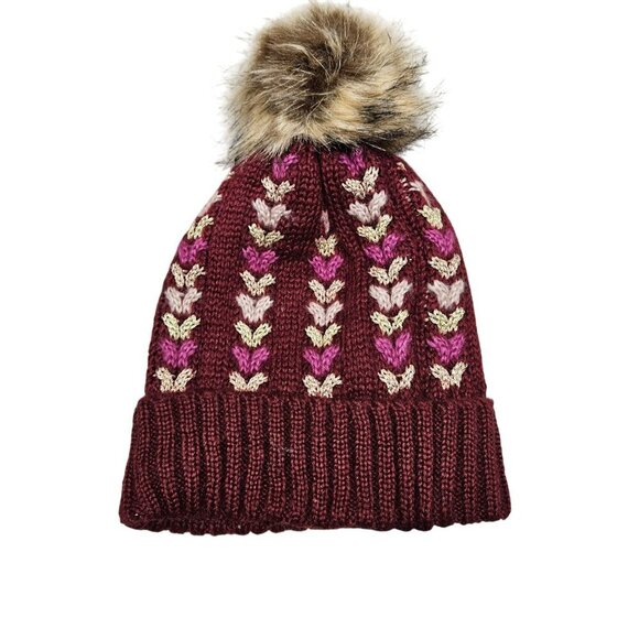 NWT‎ Knitted Winter Beanie With Faux Fur Pom Pom Burgundy Multicolor For Adults - Picture 3 of 4